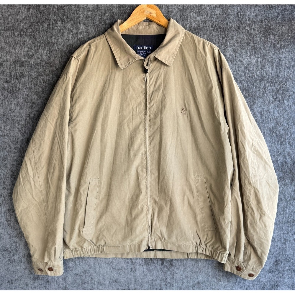 VTG Mens Sz XXL Nautica Tan Harrington Jacket Tartan Lined Full Zip - Minor Flaw